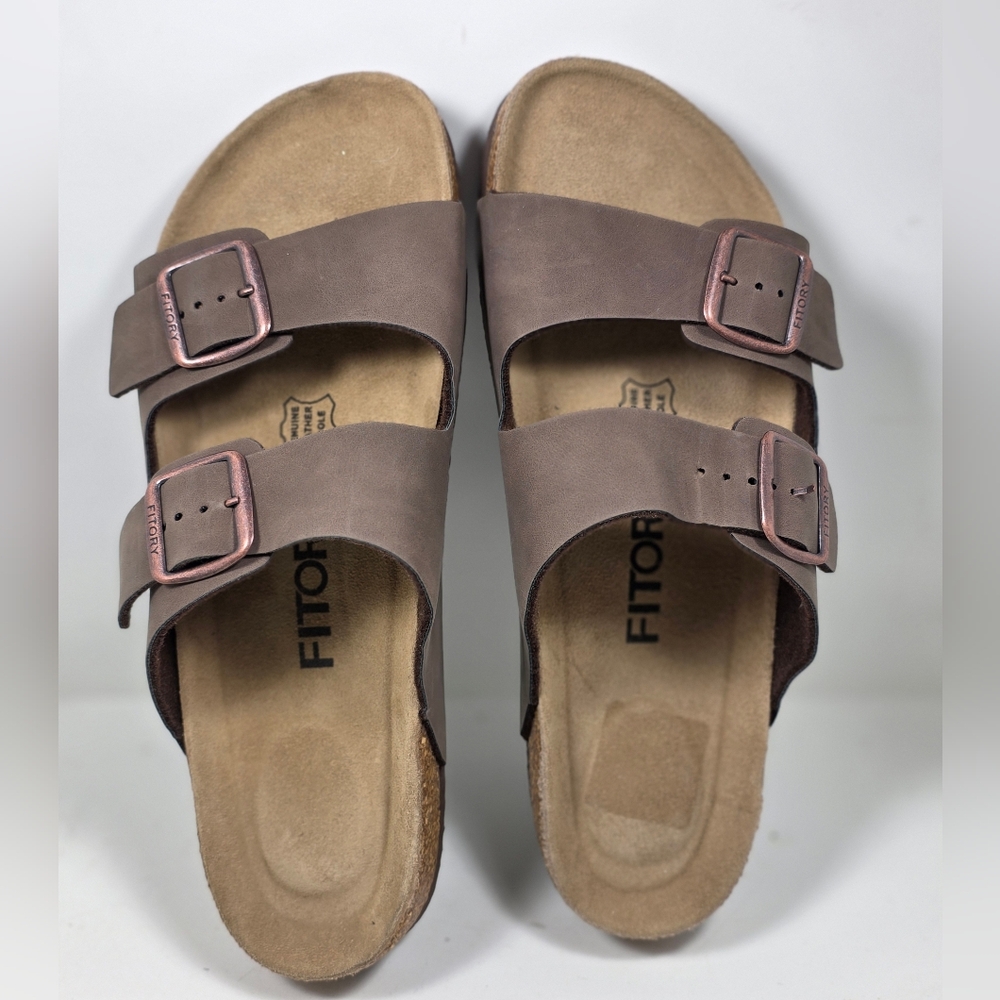 FITORY Mens Leather Insole Sandals with Two Buckles,Open Toe Slides - Picture 1 of 9